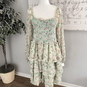Ultra Flirt Dress Womens 1X Green Floral Smocked Tiered Ruffle Boho Fairy